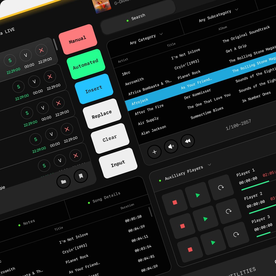 Radio DJ software on an iPad lying on a desk: queue and colour-coded mode buttons
