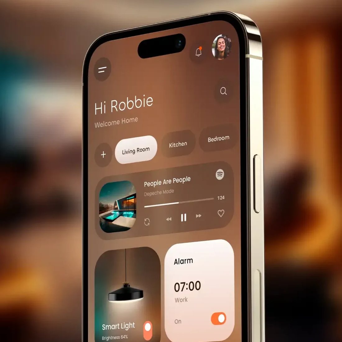 Smart Home app on an iPhone: rooms, music, smart light and alarm