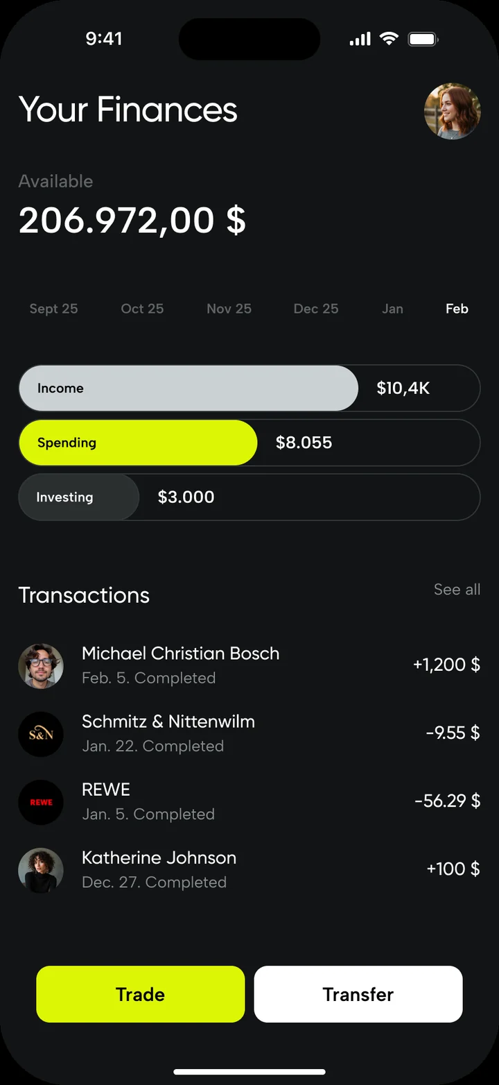 Capita home screen: available balance 206,972.00 $, income, spending and investing bars, transactions, Trade and Transfer buttons