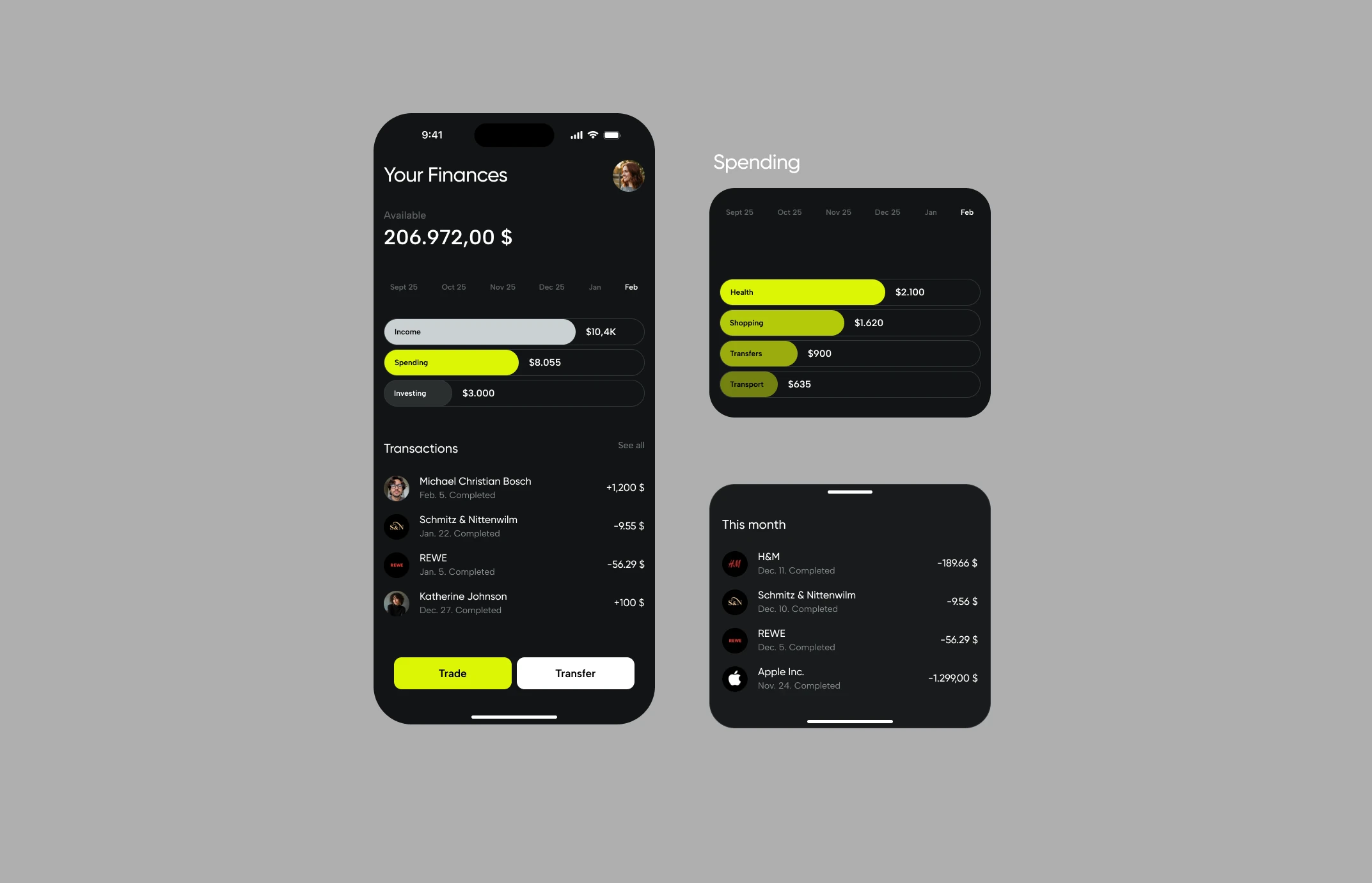 Home screen next to the spending card and this month’s transactions, with badges: category breakdown, focused actions, transaction clarity