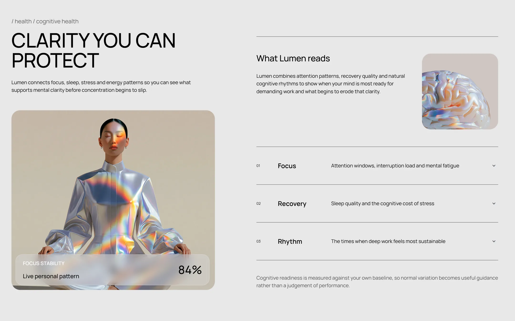 Cognitive health chapter: Clarity you can protect, focus stability 84 %, and what Lumen reads: focus, recovery, rhythm