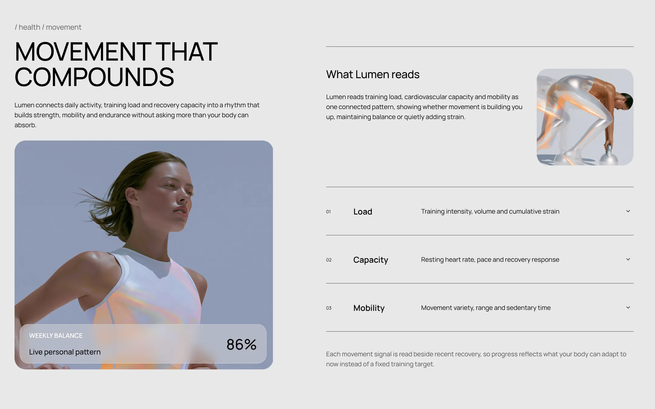 Movement chapter: Movement that compounds, weekly balance 86 %, and what Lumen reads: load, capacity, mobility