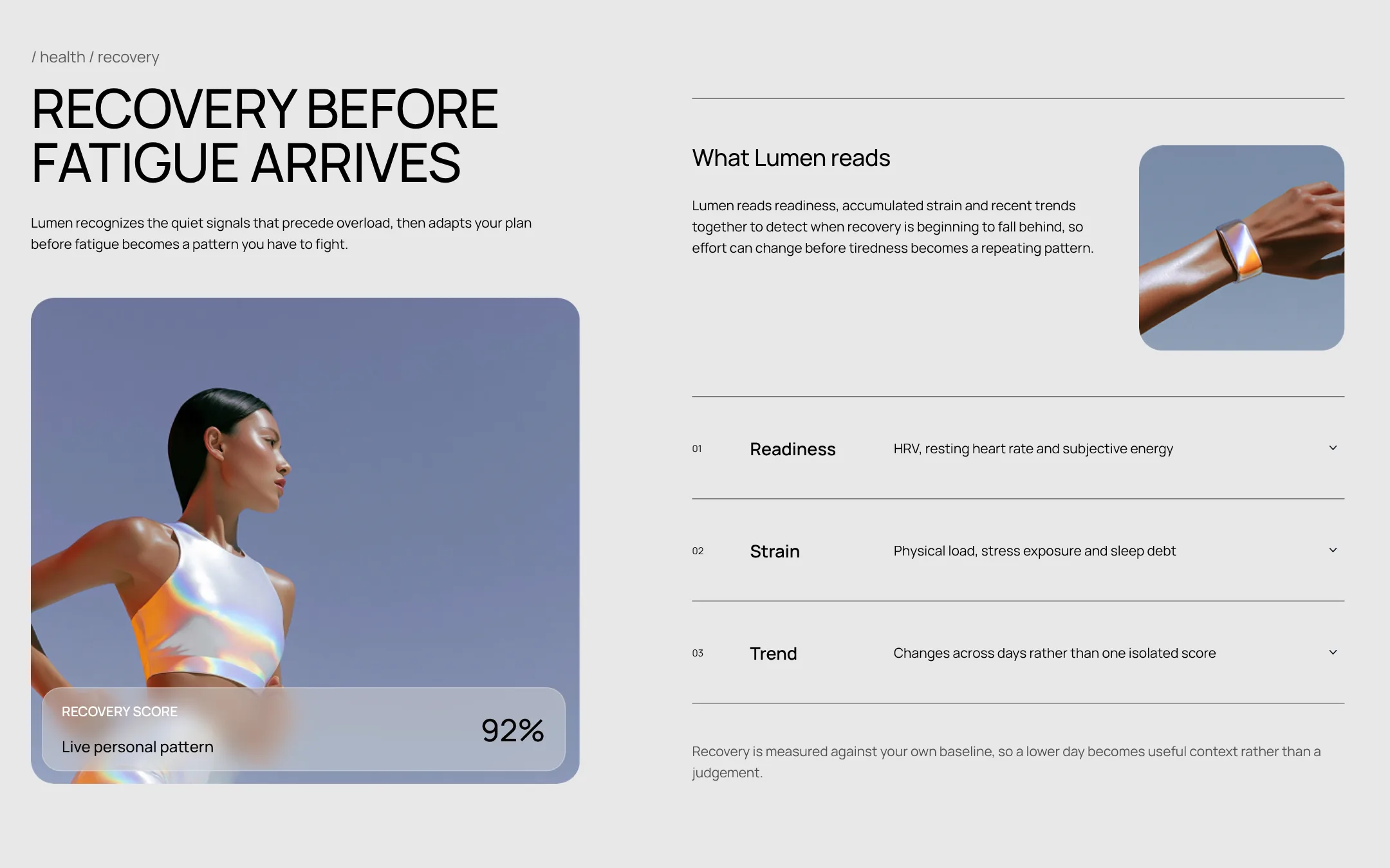 Recovery chapter: Recovery before fatigue arrives, and what Lumen reads: readiness, strain, trend