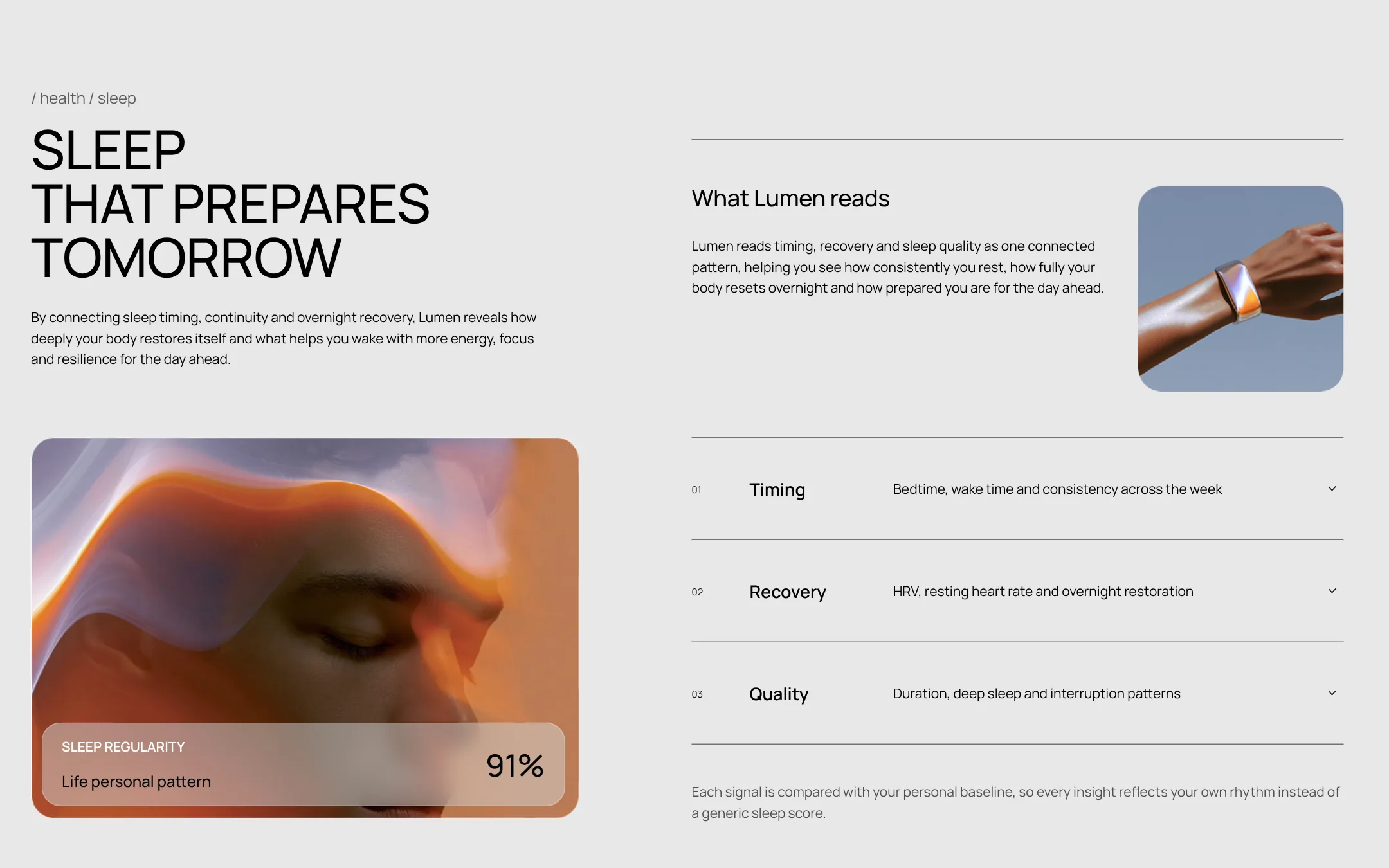 Sleep chapter: Sleep that prepares tomorrow, sleep regularity 91 %, and what Lumen reads: timing, recovery, quality
