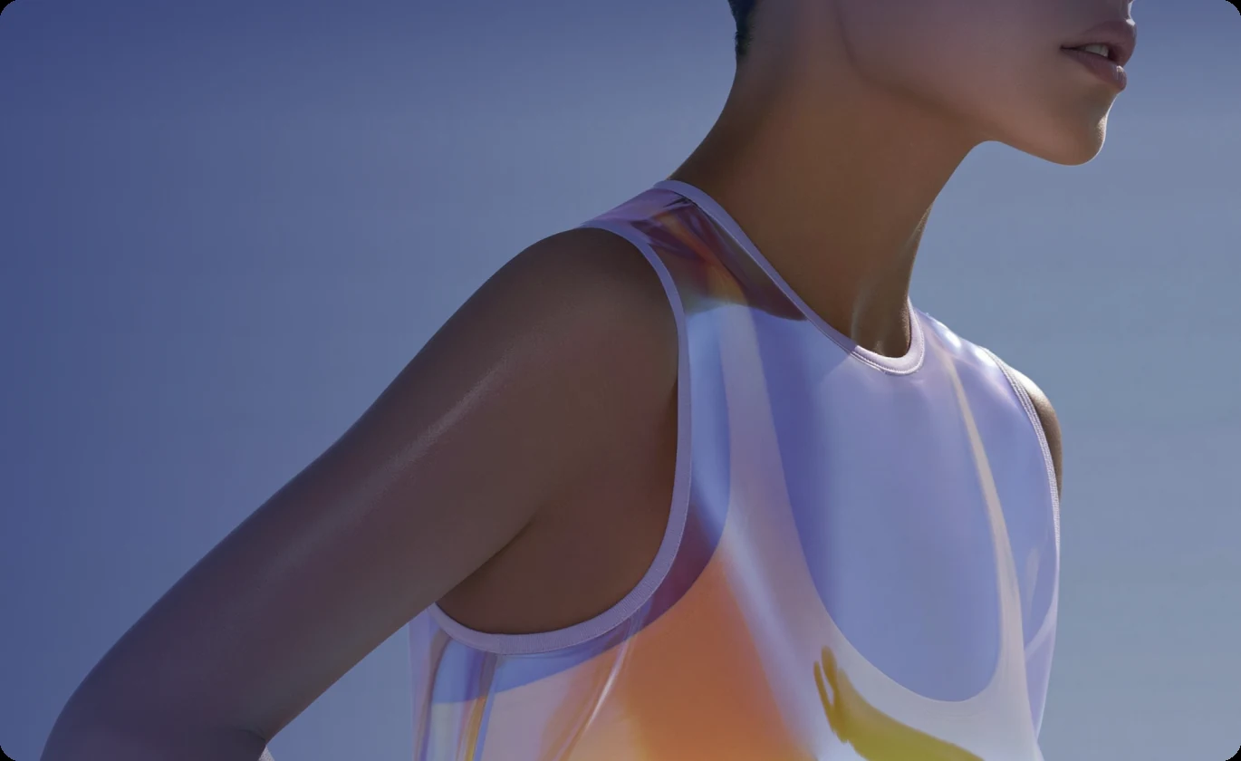 A woman in an iridescent top against a blue sky, the Lumen digital twin