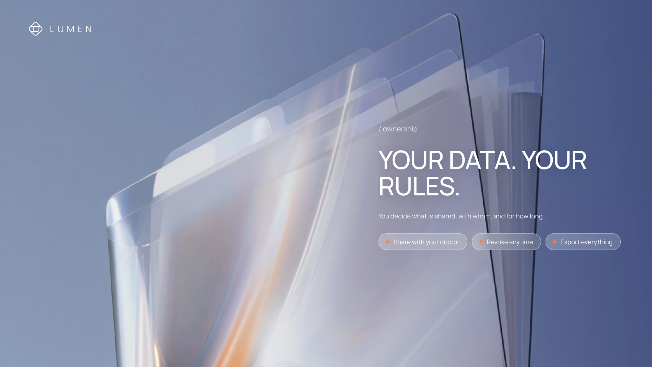 Slide from the Lumen deck: layered glass panes over a blue gradient. Headline: Your data. Your rules. Three controls: Share with your doctor, Revoke anytime, Export everything