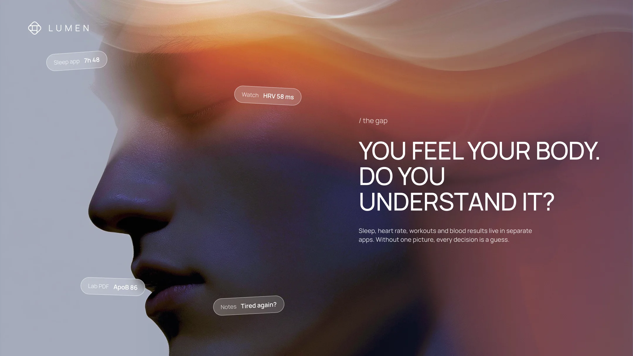 Slide from the Lumen deck: a face in warm light with readings floating around it, HRV 58 ms, ApoB 85, a note saying Tired again? Headline: You feel your body. Do you understand it?