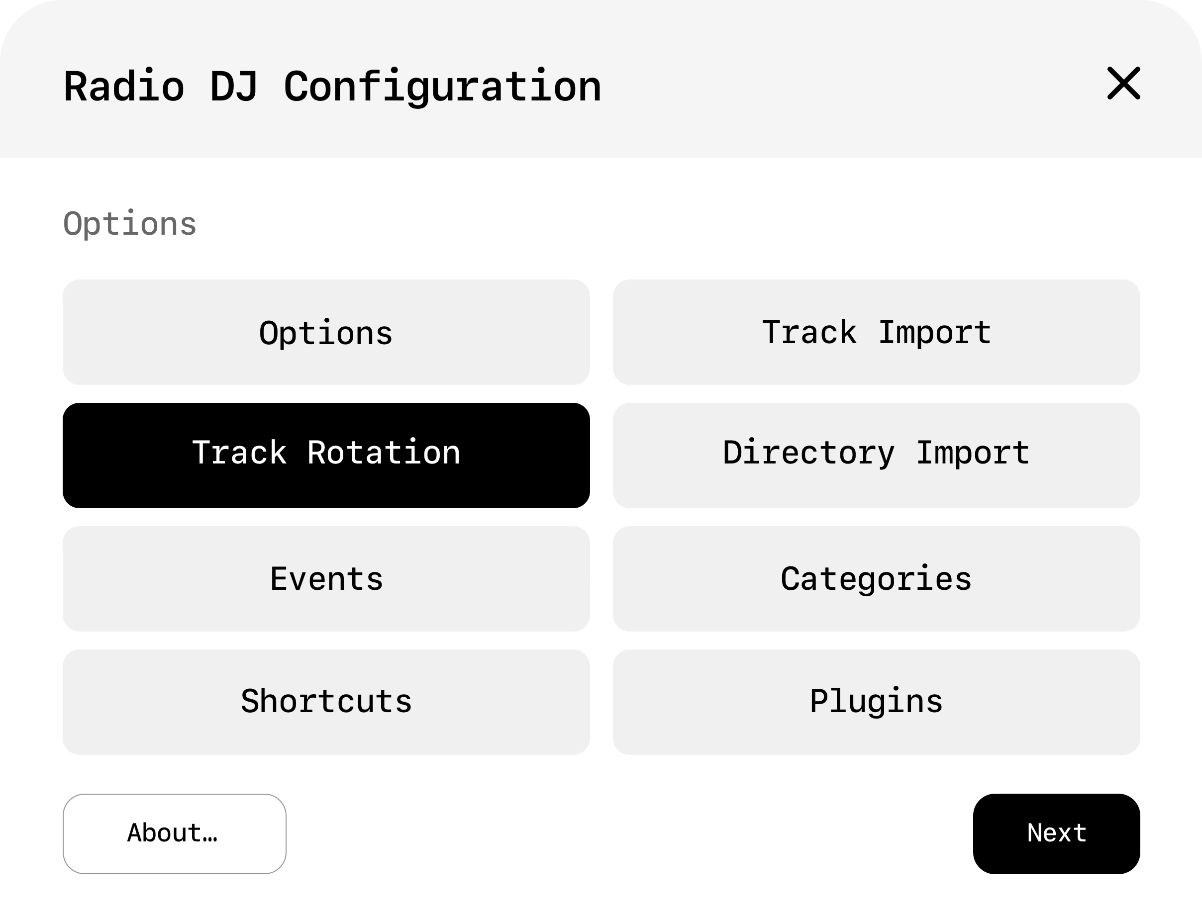 Radio DJ Configuration dialog with options, track rotation, events, shortcuts, imports, categories and plugins