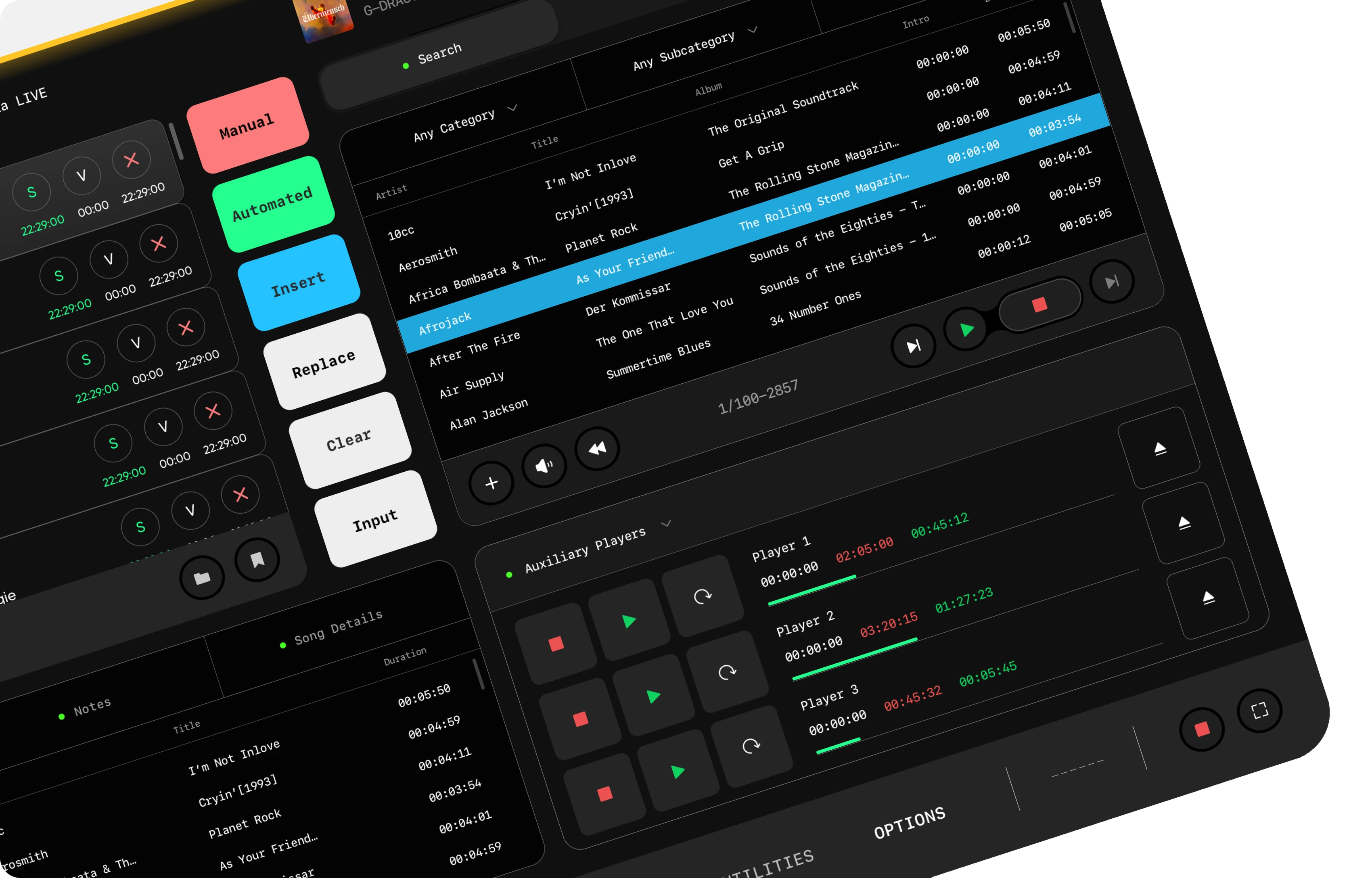 The main screen tilted in perspective: queue, colour-coded mode buttons, library and auxiliary players