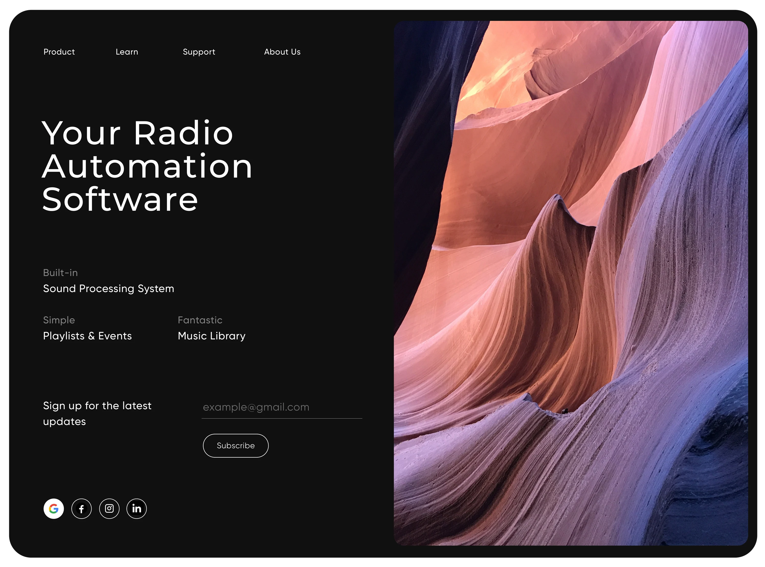 Product landing page: Your Radio Automation Software, with a photo of red sandstone