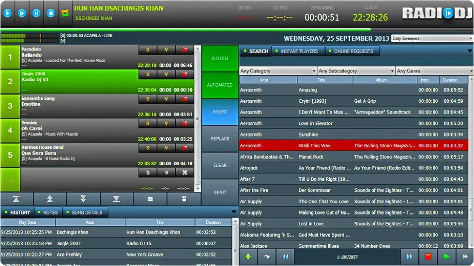 The existing Radio DJ interface: dense grey tables, bright green blocks and many small buttons