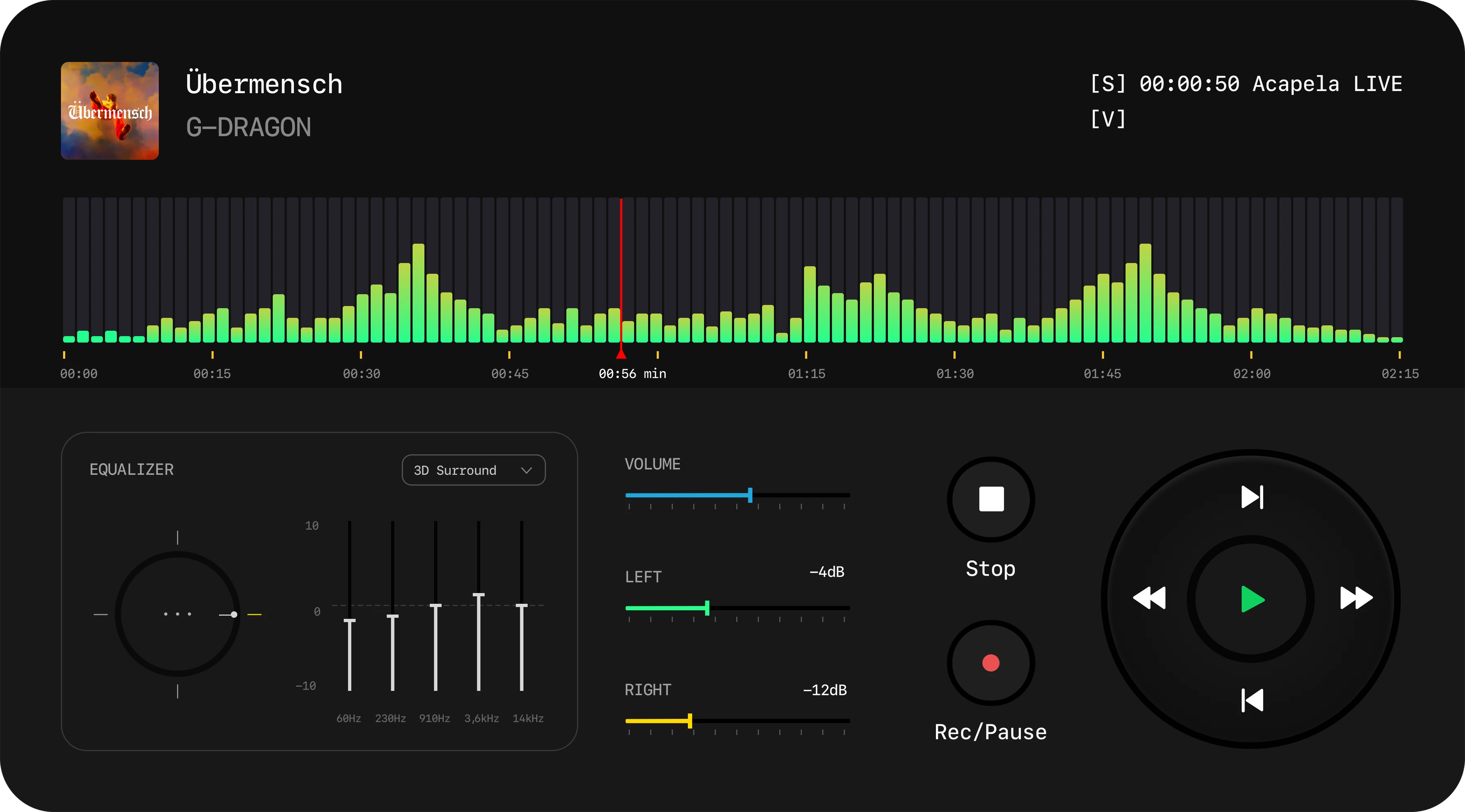 Player view: track Übermensch by G-Dragon, waveform with a red playhead, equaliser, volume, stop, record and a round transport control