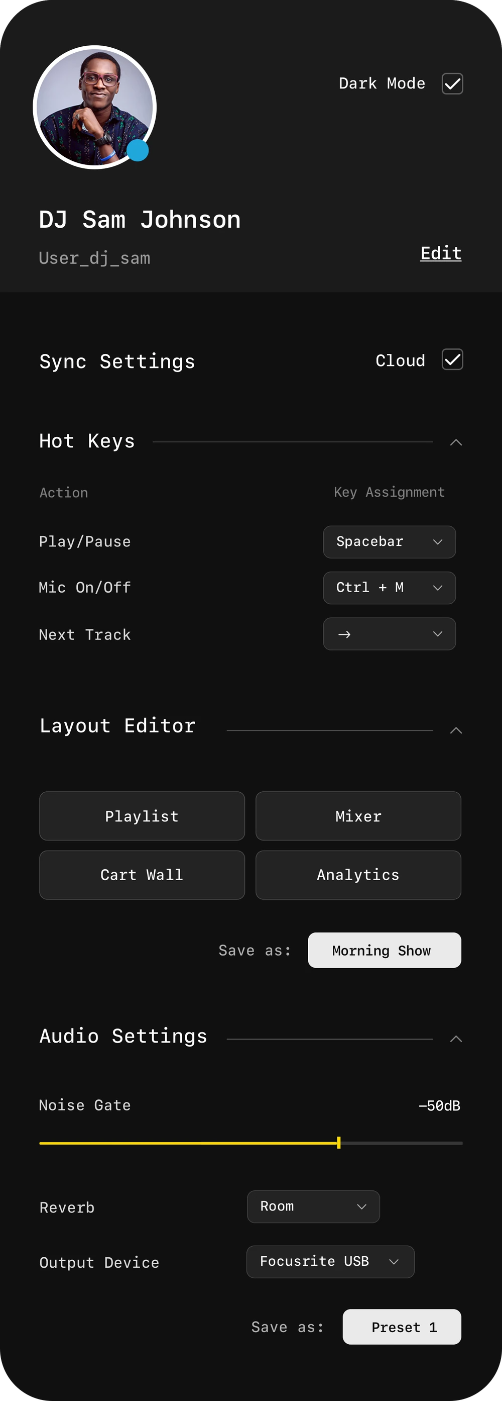 Profile panel: DJ Sam Johnson, sync settings, hot keys, layout editor and audio settings