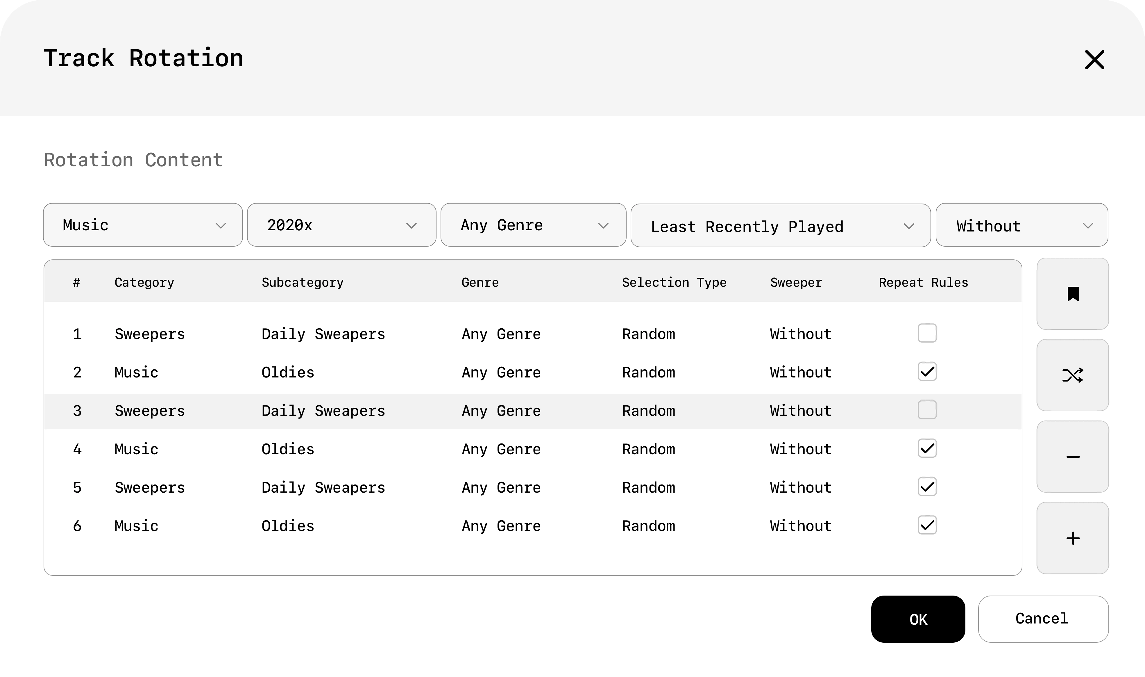Track Rotation dialog: a table of categories, genres and selection rules