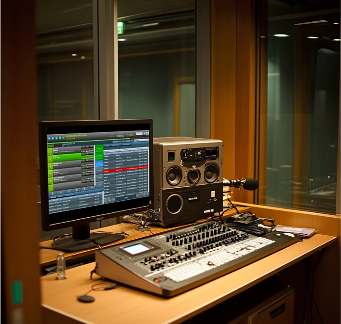 Radio studio: monitor with the automation software, mixing desk, speakers and microphone