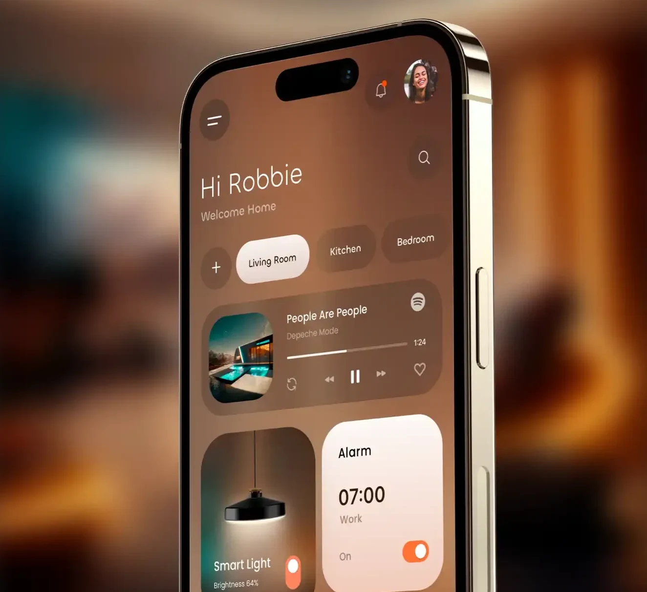 iPhone showing the Smart Home home screen: rooms, music, smart light and alarm cards