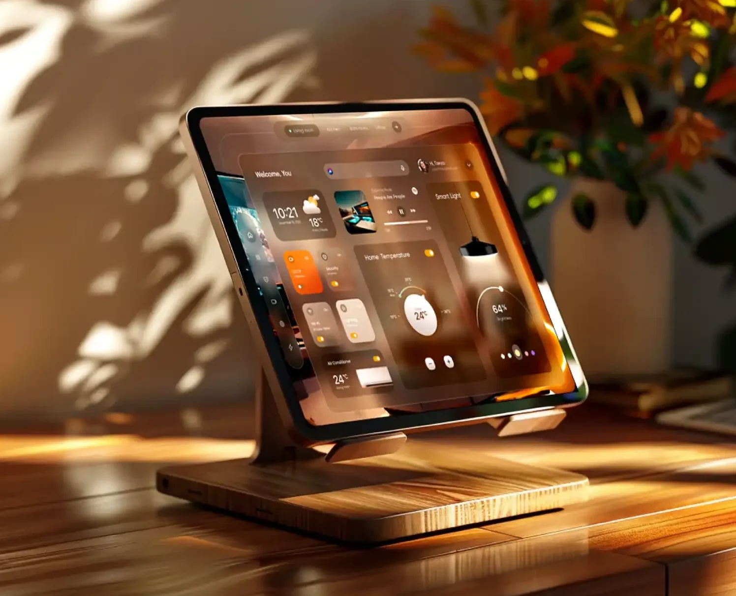 Tablet on a wooden stand showing the dashboard with weather, temperature and lighting widgets