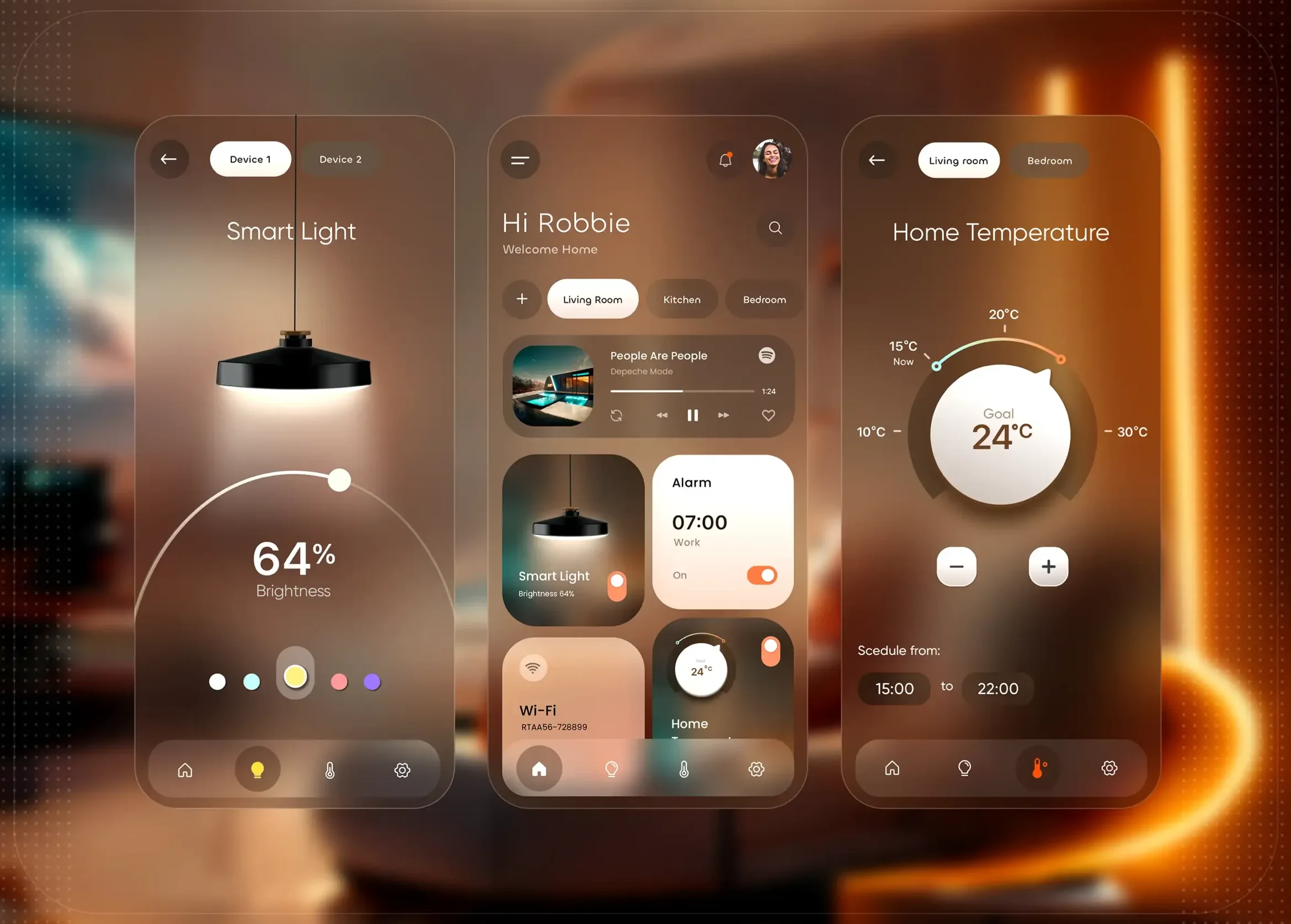 Three screens side by side: Smart Light at 64 %, Home with room cards, Home Temperature at goal 24 °C