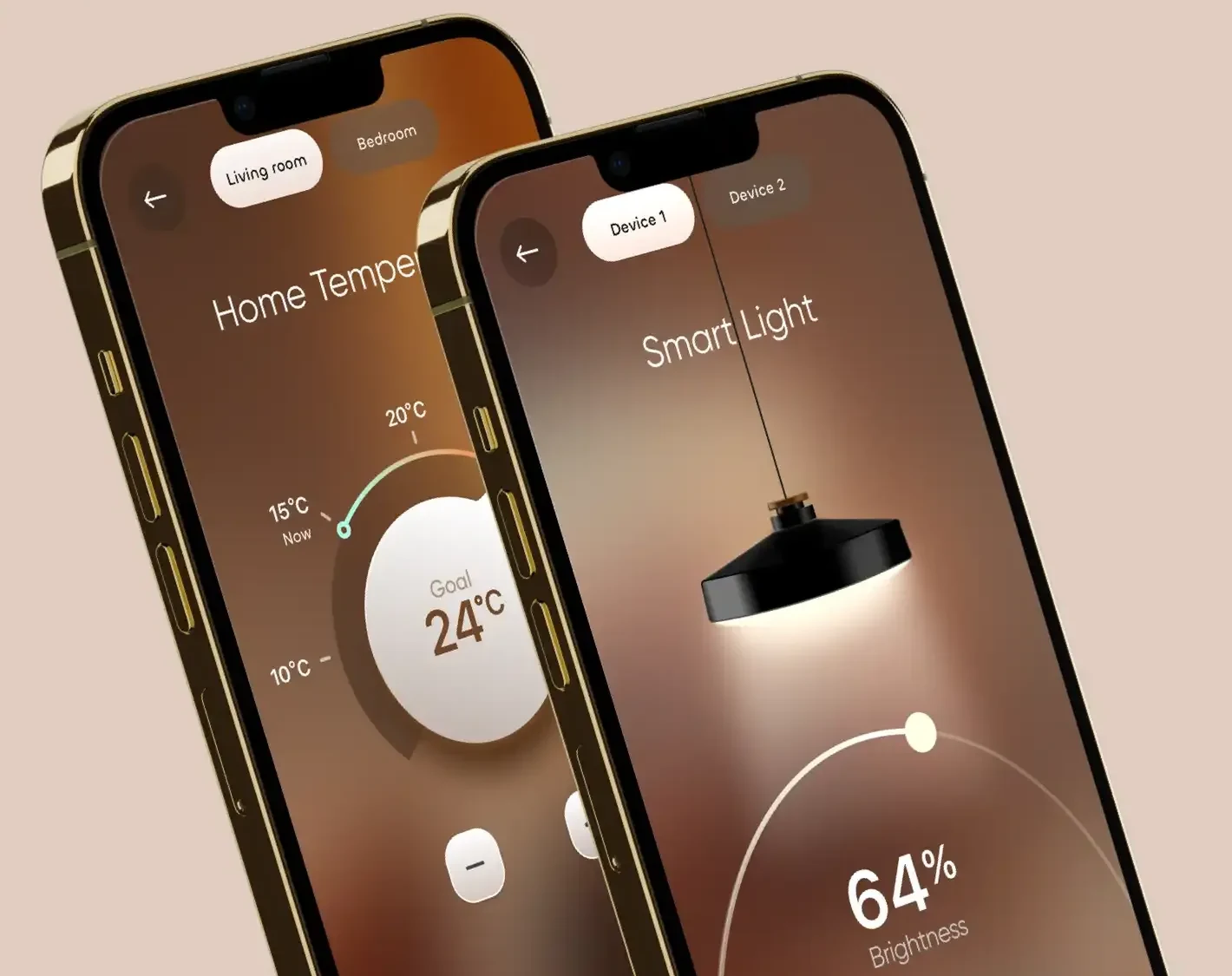 Two iPhones: Home Temperature dial at goal 24 °C and Smart Light at 64 % brightness