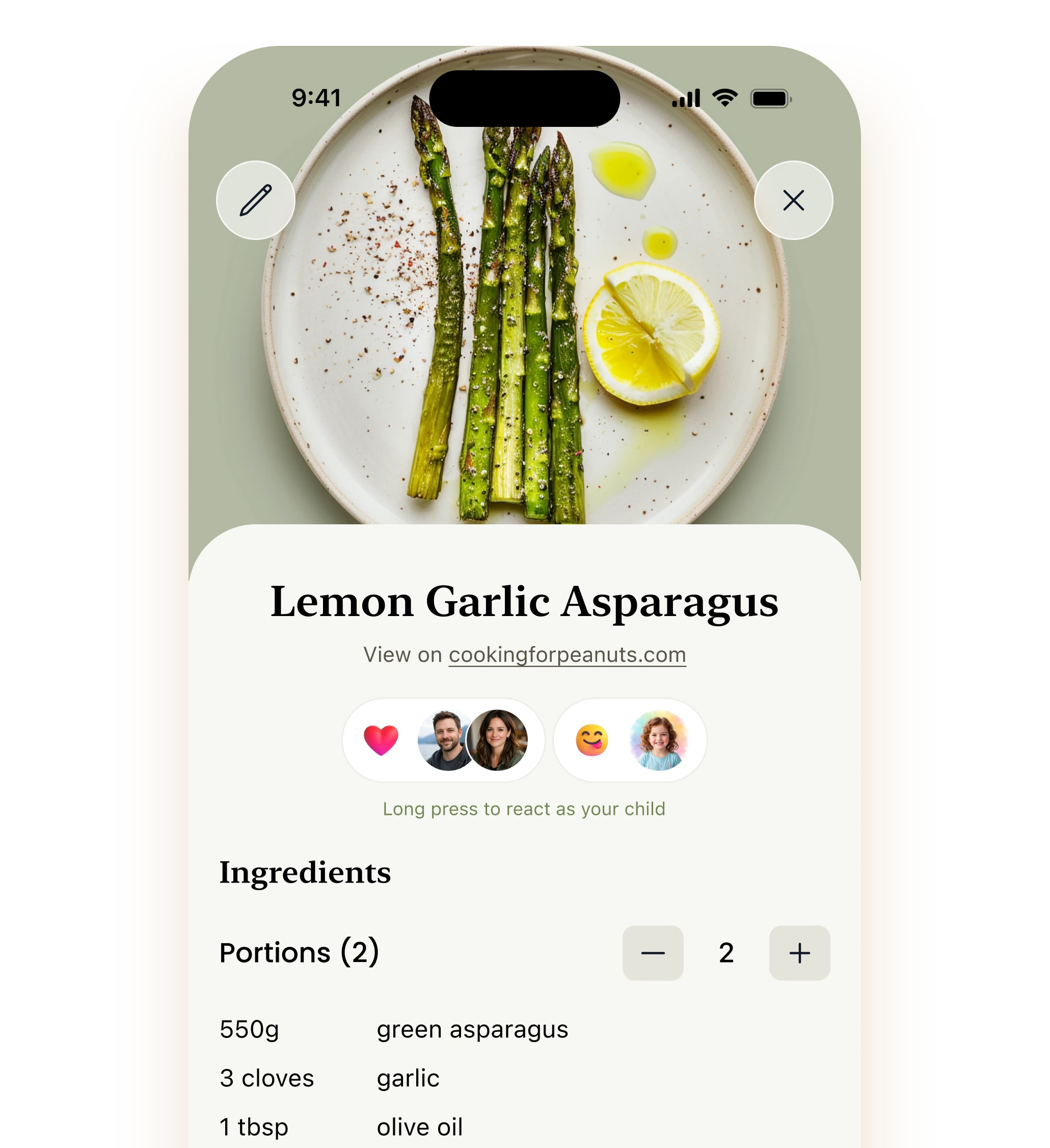 Recipe screen with family reactions